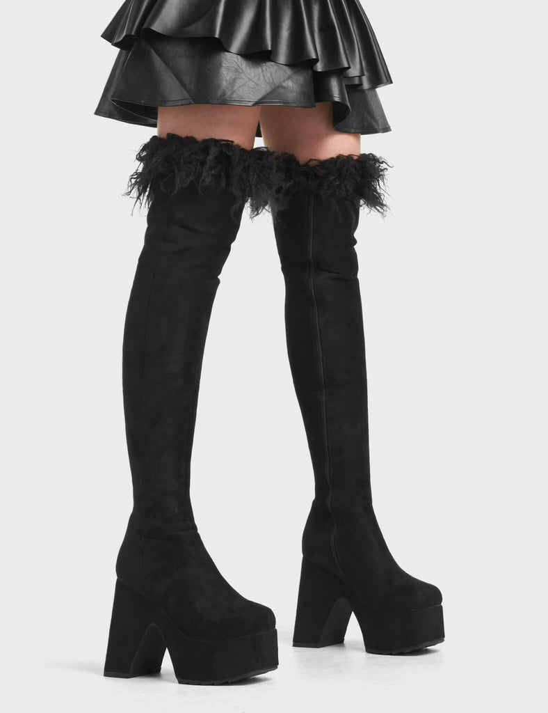 Another Level Platform Thigh High Boots in Black Suede. These Platform Thigh High Boots feature a fur neck.