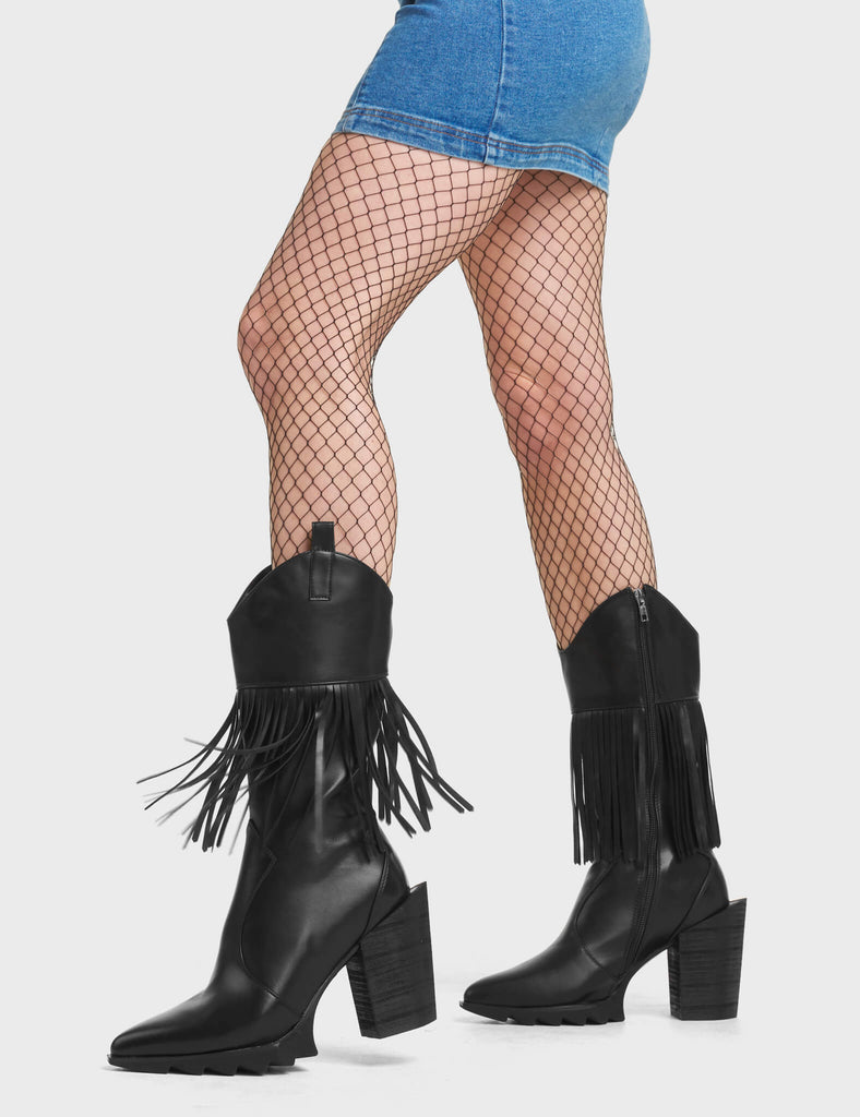 Astonishing Western Calf Boots in Black. These Western boots feature black hanging tassels. Made with eco-friendly materials and 100% cruelty-free.