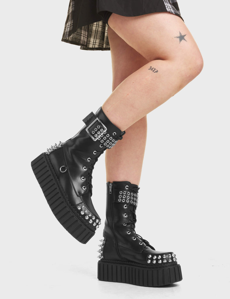 Crystal Clear Chunky Ankle Creeper Boots in Black. Featuring silver spikes around the foot of the shoe.