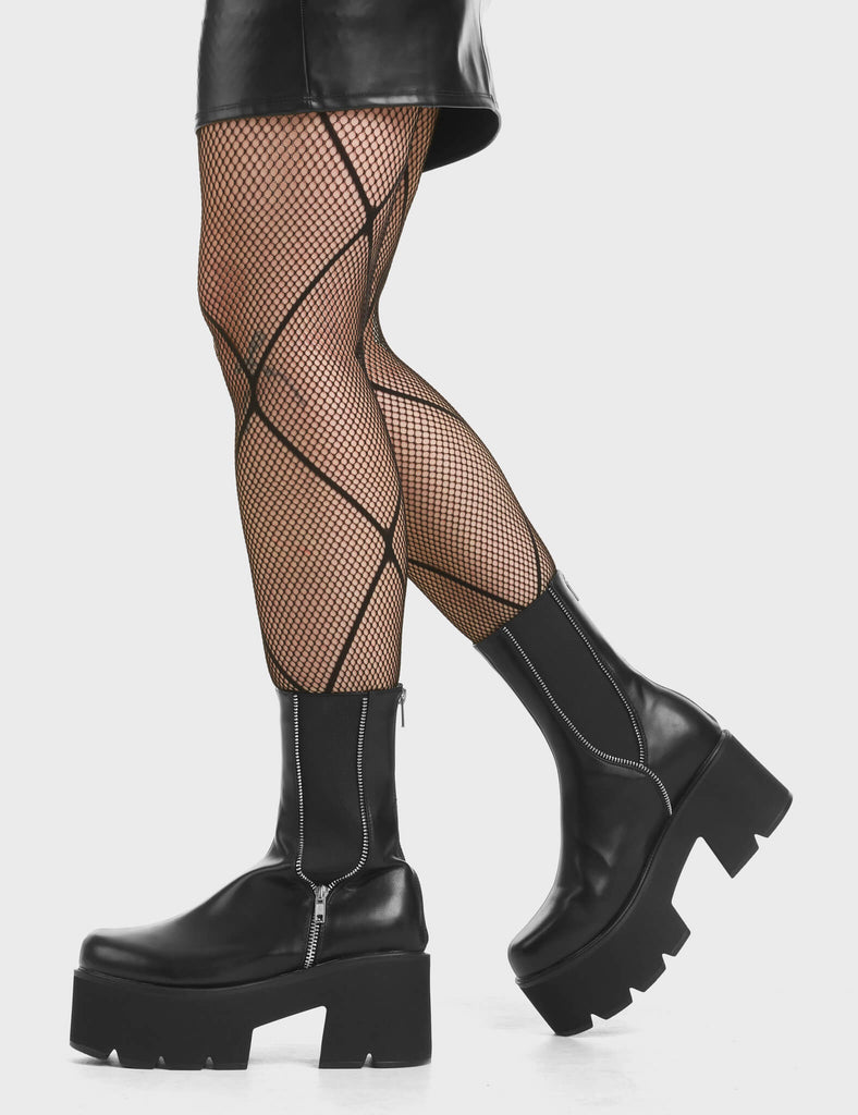 Dilemma Chunky Platform Ankle Boots in Black. Feature an elastic gusset with silver zip detailing.