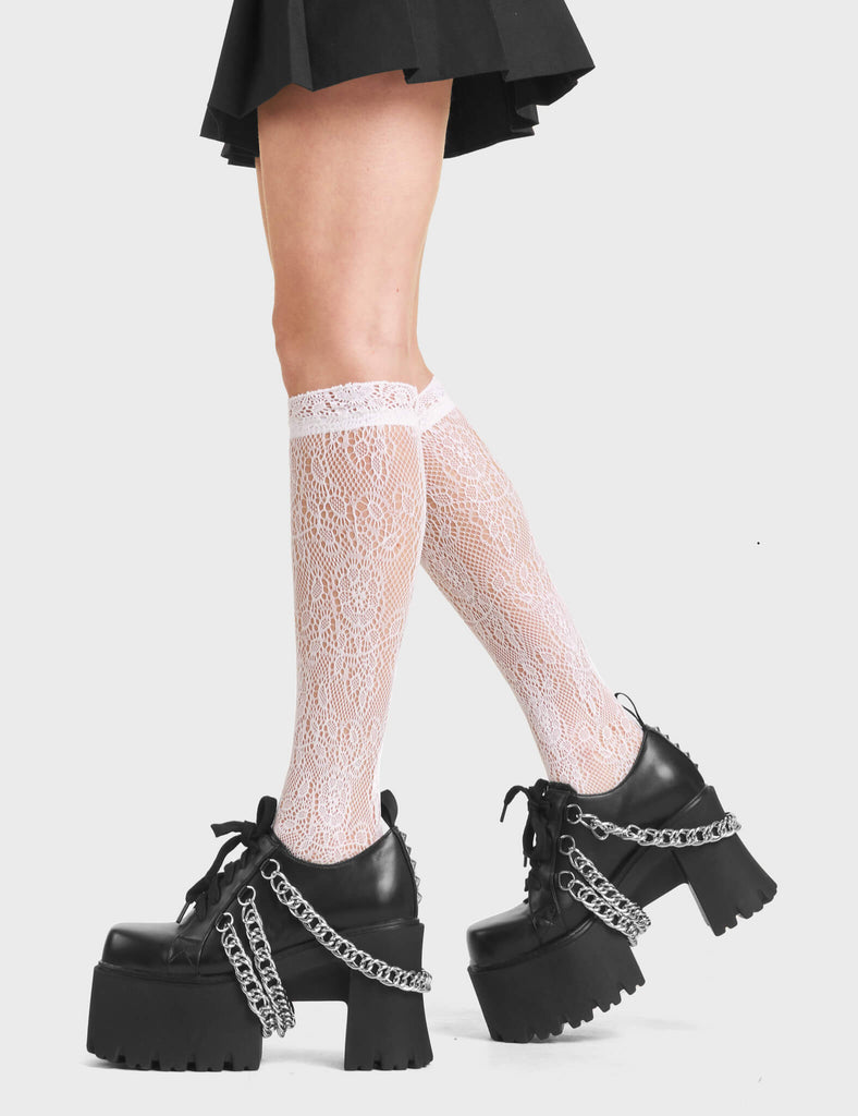 Illusion Chunky Platform Shoes in Black. Featuring hanging chains and silver studs.