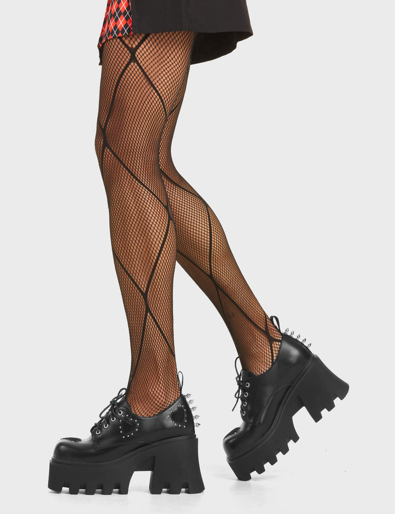 New Perspective Chunky Platform Shoes in Black. Feature black suede hearts surrounded by silver studs.