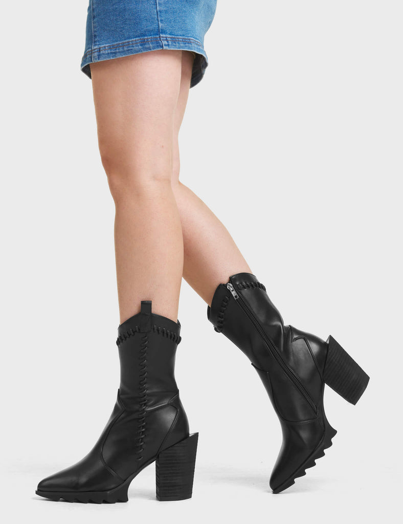 Running Circles Western Ankle Boots, feature a black stitched western design, and features a signature western block heel