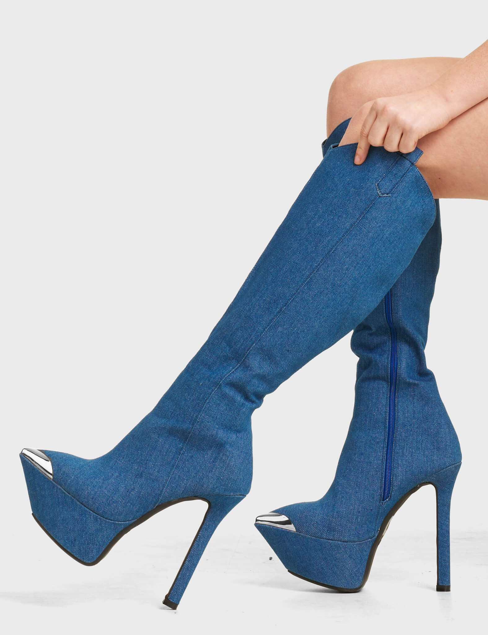Denim boots knee high deals