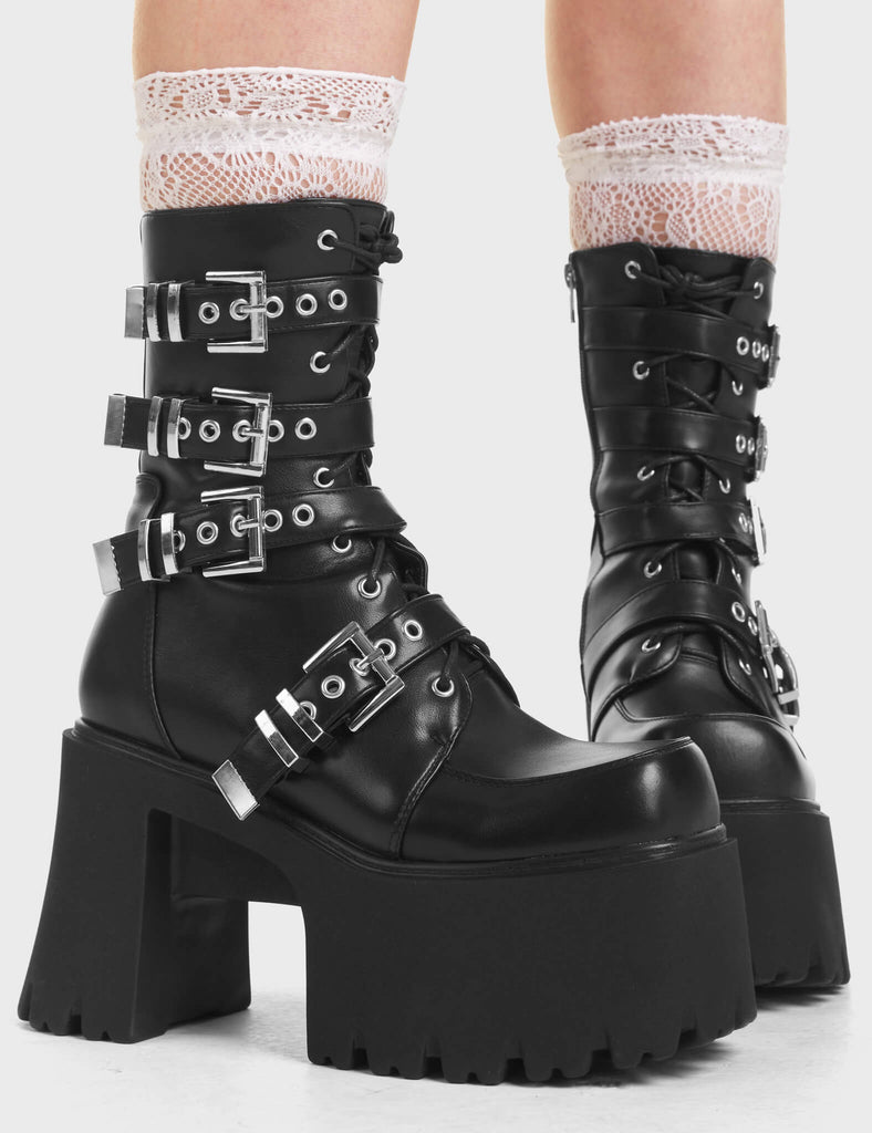 Secret History Chunky Platform Ankle Boots in Black on a chunky tread sole.