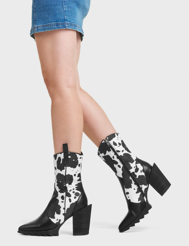 Seen Before Western Ankle Boots, These Ankle Boots feature a cute cow print design, and features a signature western block heel.