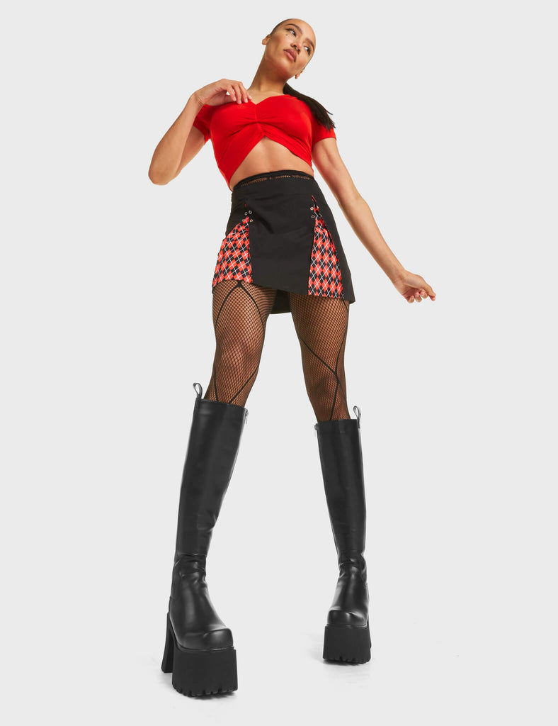Spot On Chunky Platform Knee High Boots in Black. Feature a minimalist design with a pull-on tab, on a chunky tread sole.